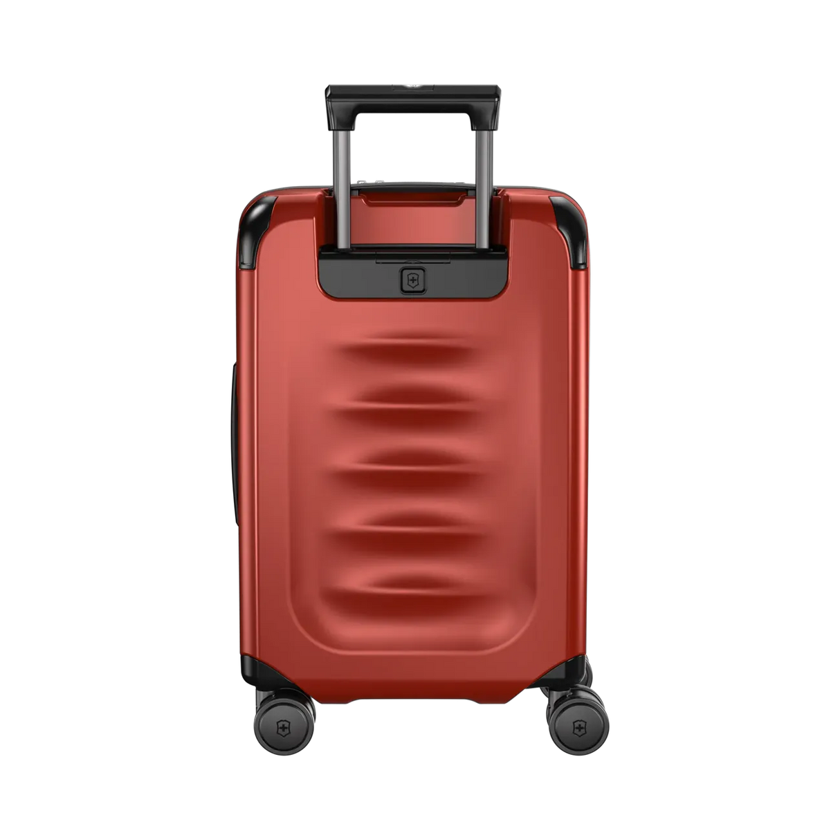 Red hardshell rolling suitcase with a retractable handle and wheels.