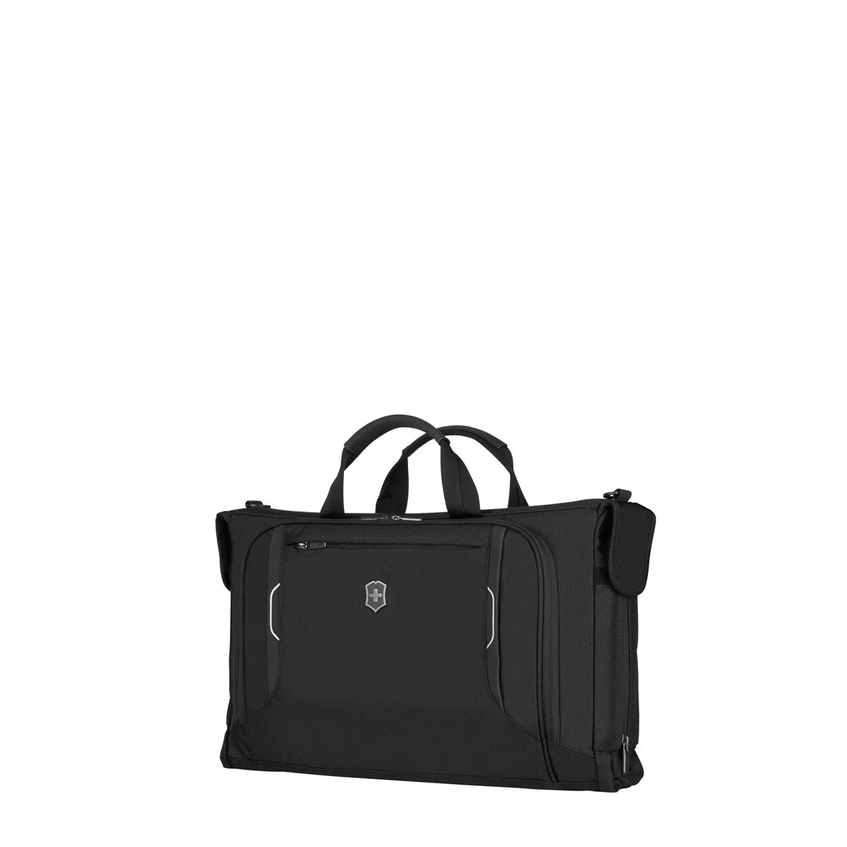 Black garment bag or travel suit carrier with handles and a shoulder strap.