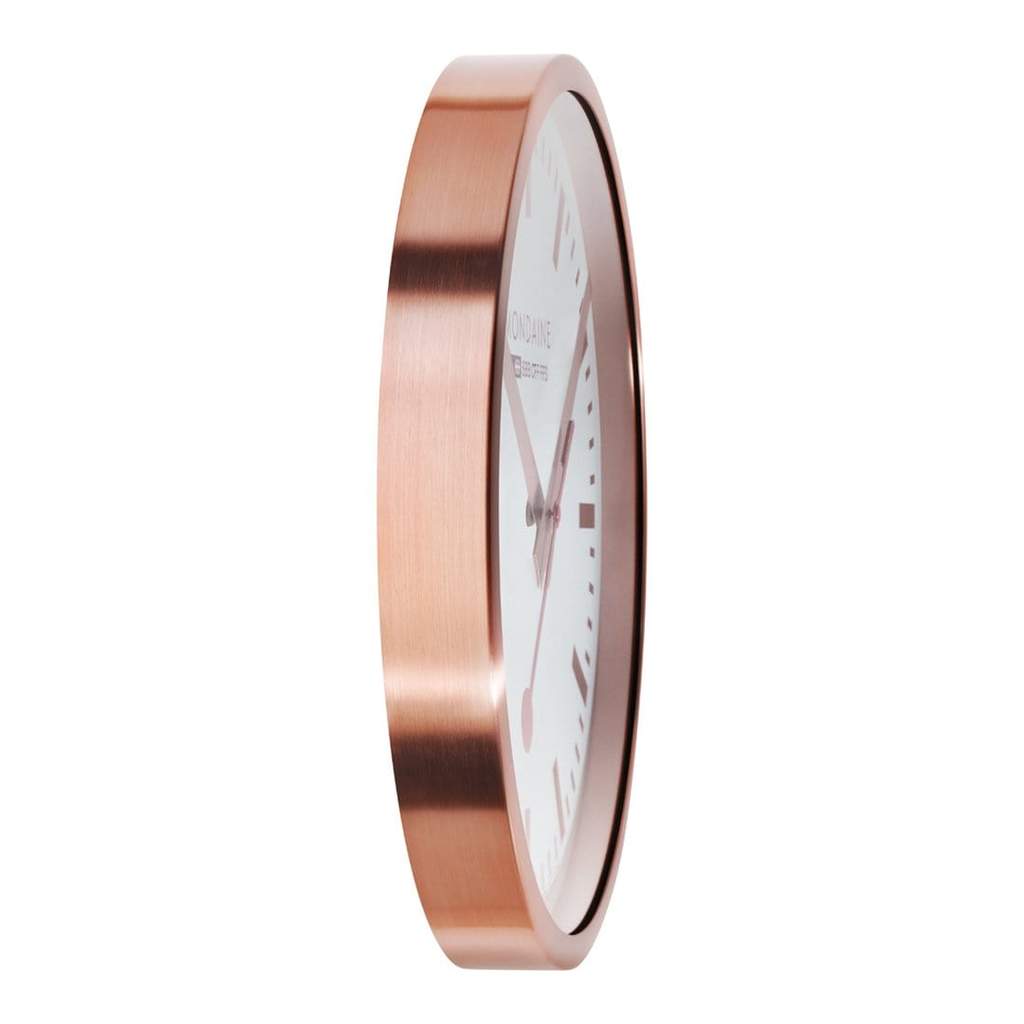 Sleek rose gold wall clock with a white face.