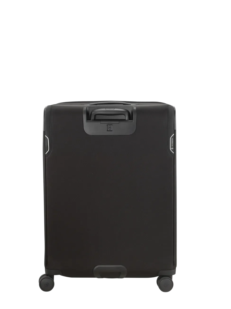 Black rolling suitcase with four wheels and a retractable handle.