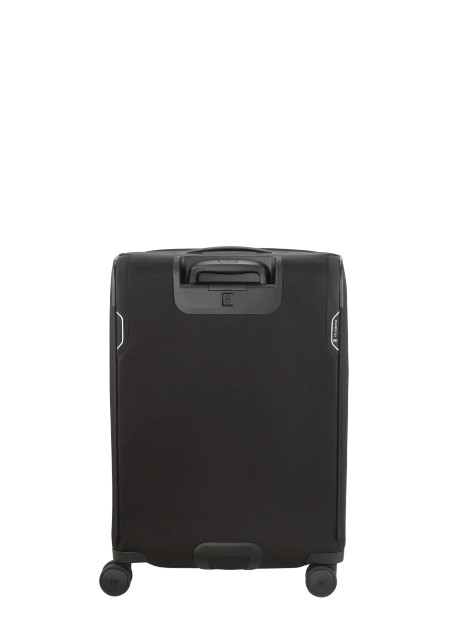 Black rolling suitcase with a retractable handle and wheels.