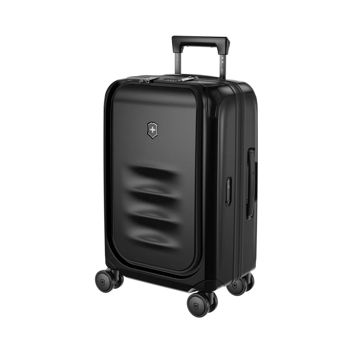 Black hardshell carry-on suitcase with wheels and a retractable handle.