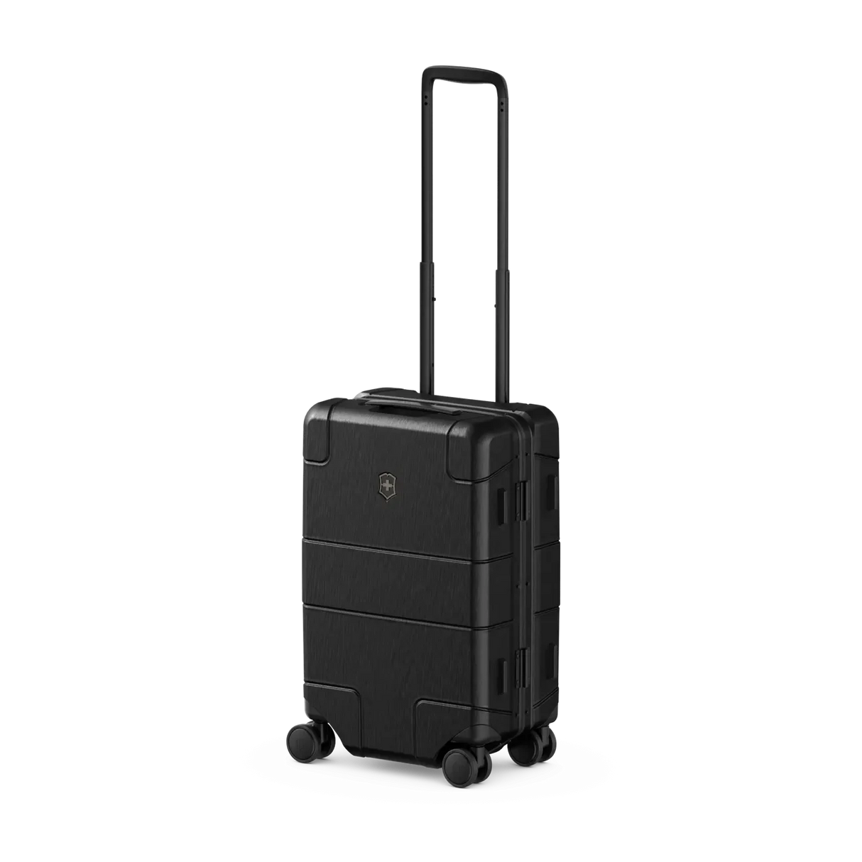 Black hardshell carry-on suitcase with wheels and retractable handle.