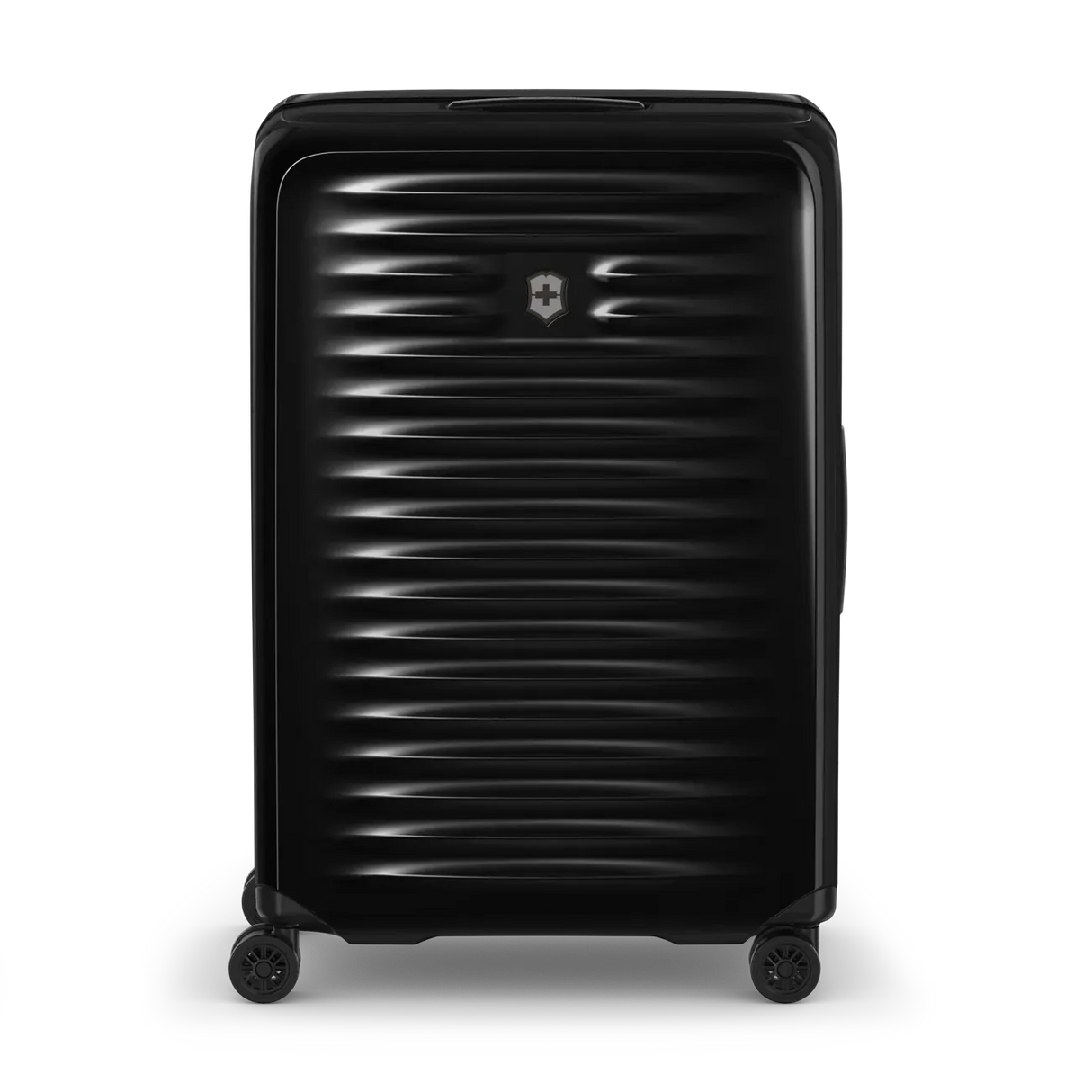 Black hardshell rolling suitcase with horizontal ridges and a Swiss Army logo.