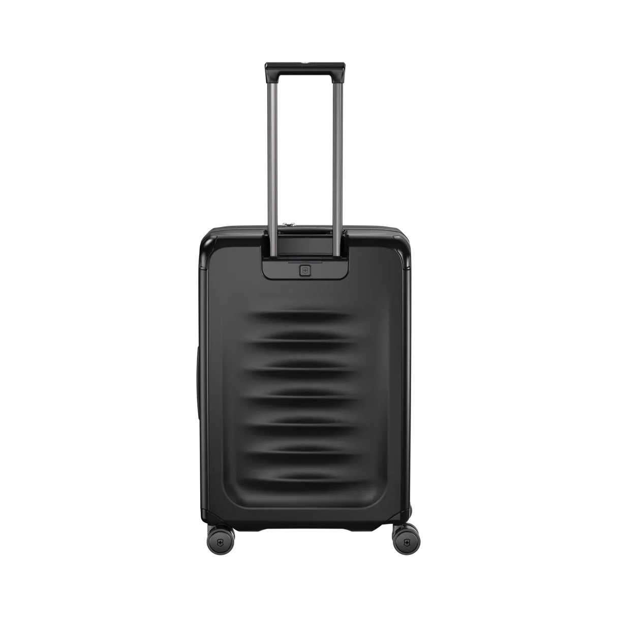 Black hardshell rolling suitcase with a retractable handle and horizontal ridges on the front.