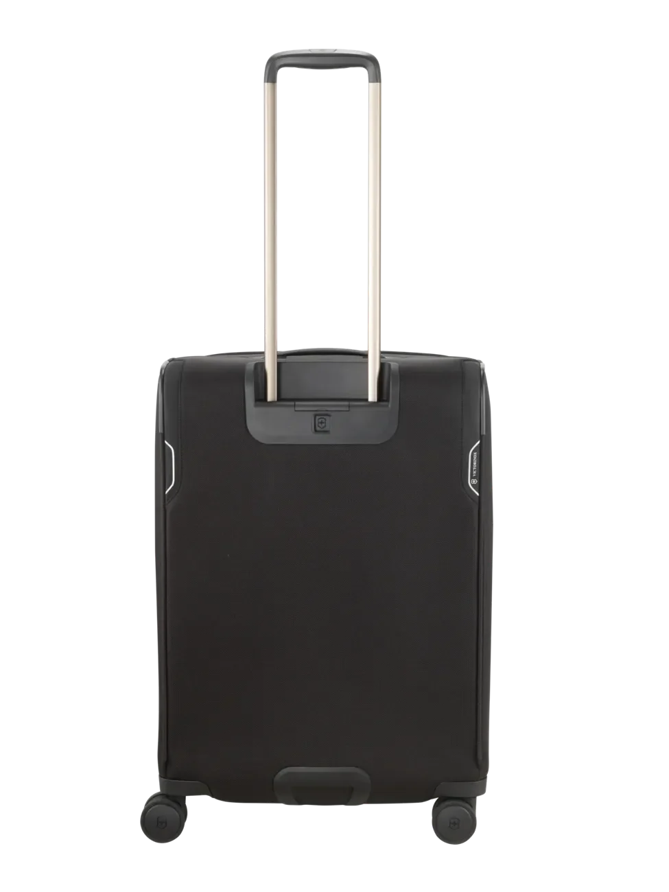 Black rolling suitcase with an extendable handle.