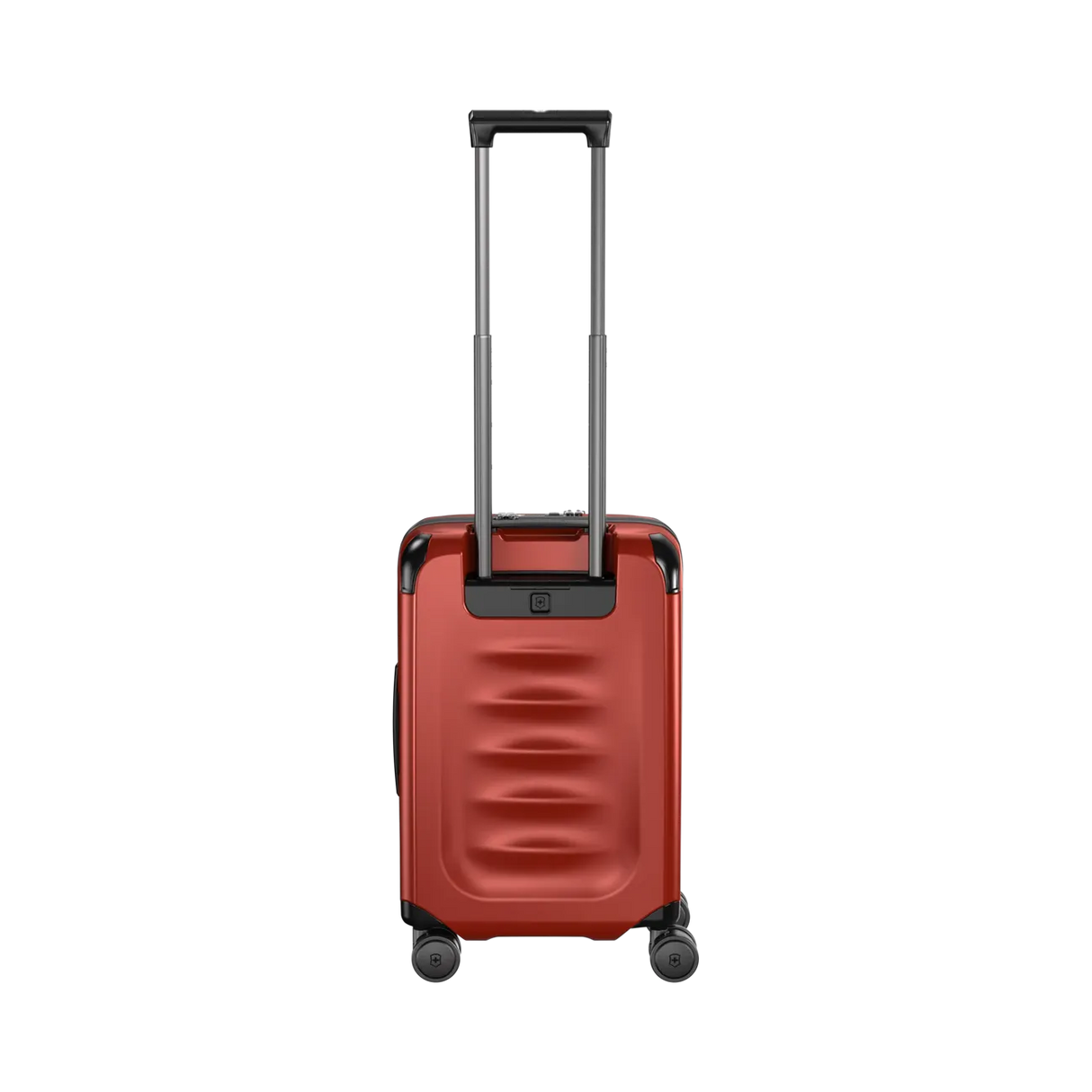 Red hardshell rolling suitcase with an extendable handle and wheels.