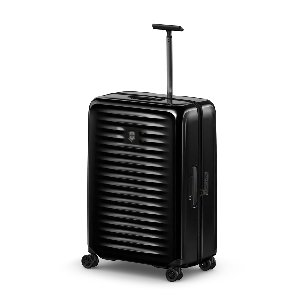 Black hard-shell rolling suitcase with horizontal ridges and an extendable handle.