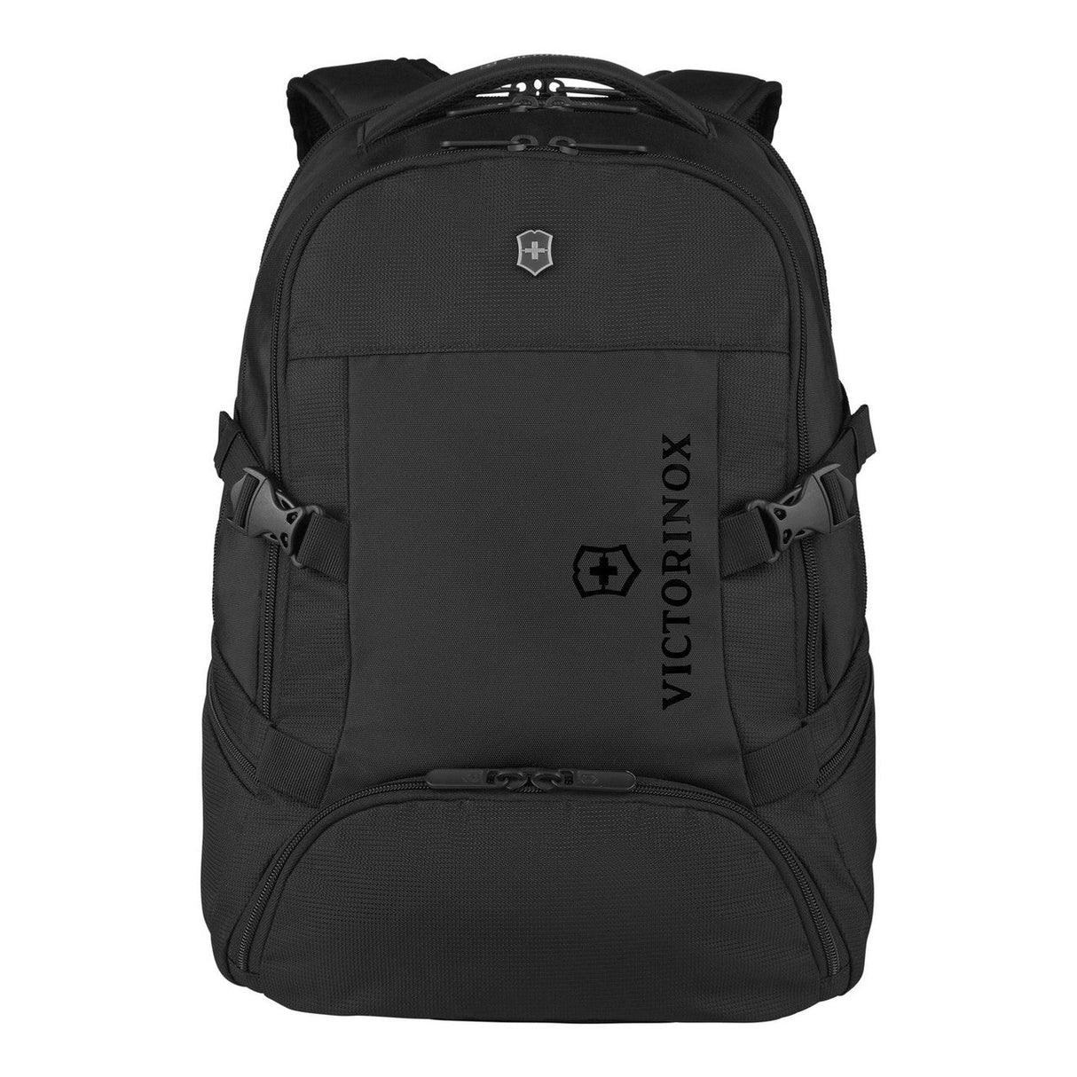 Black Victorinox backpack with multiple compartments and straps.