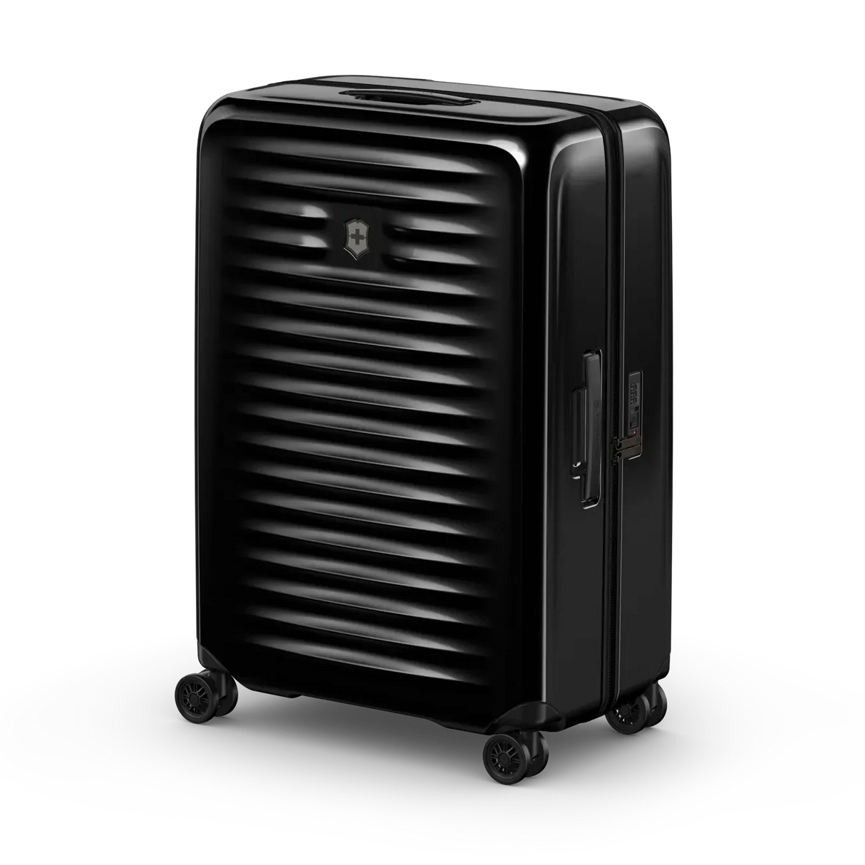 Black hardshell rolling suitcase with horizontal ridges on its surface.