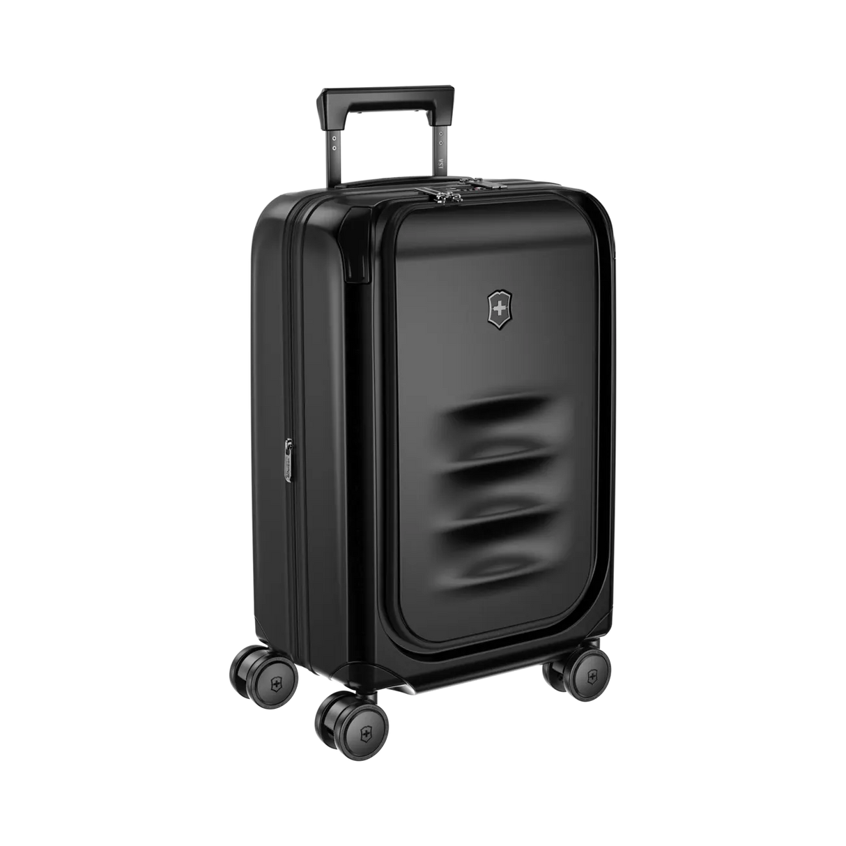 Black hardshell rolling suitcase with a retractable handle and four wheels.
