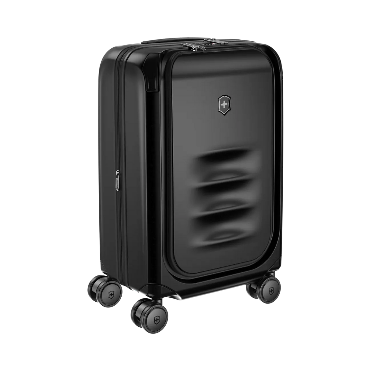 Black hardshell rolling suitcase with four wheels and a logo emblem.
