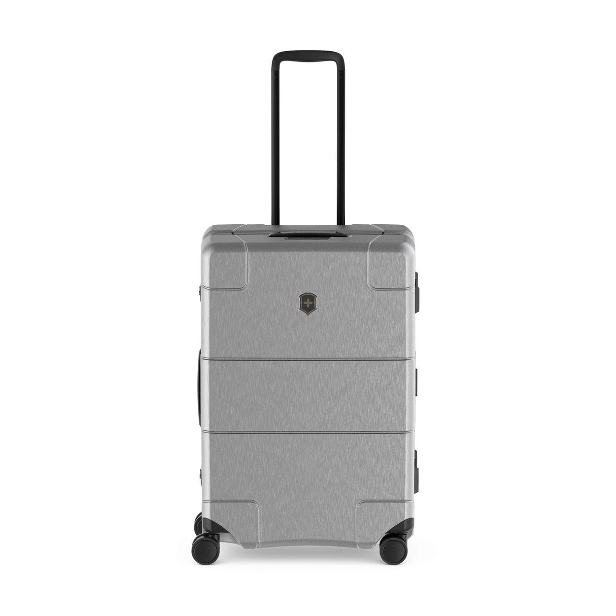 Gray hardshell rolling suitcase with multiple compartments and an extendable handle.