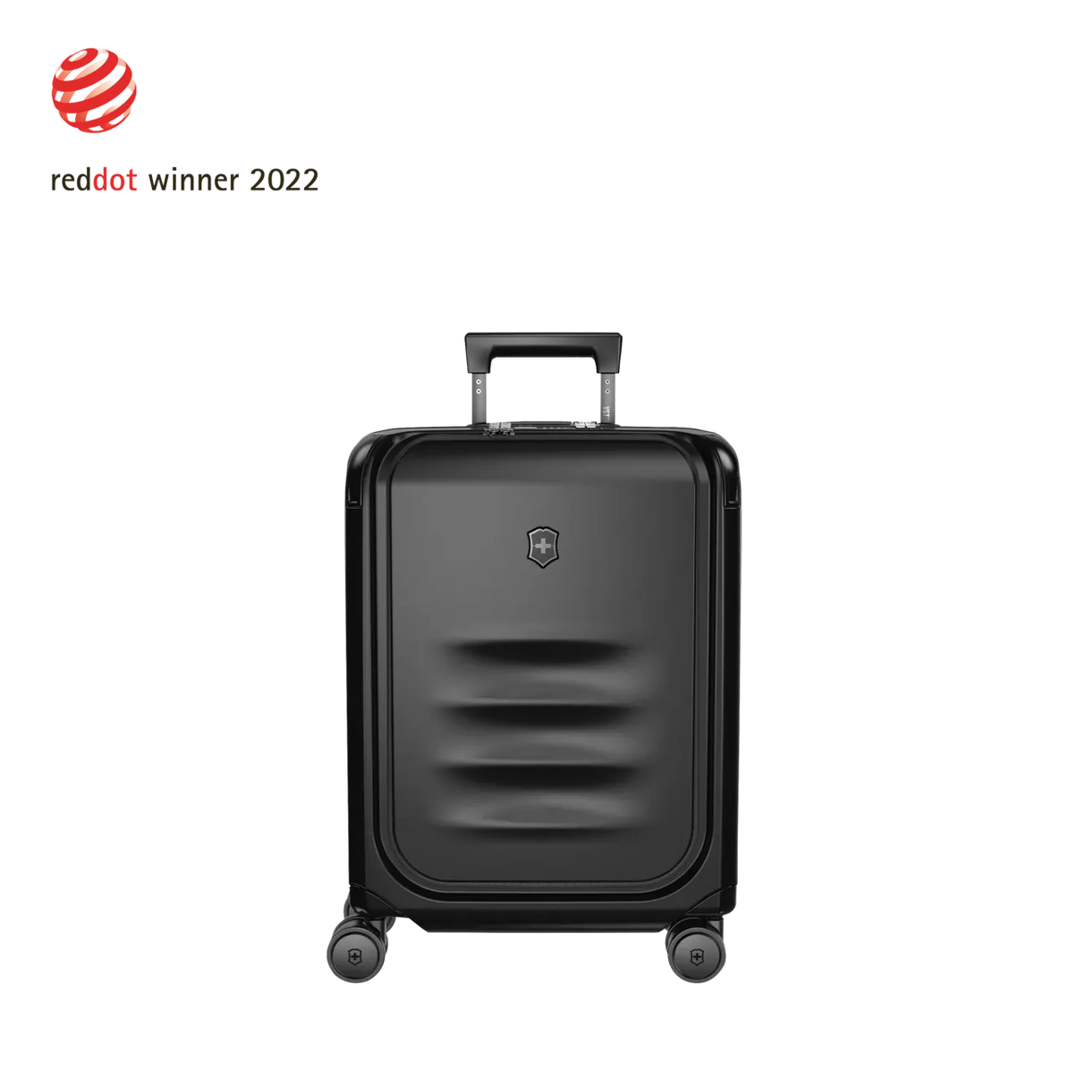 Black hardshell rolling suitcase with horizontal ridges on the front.