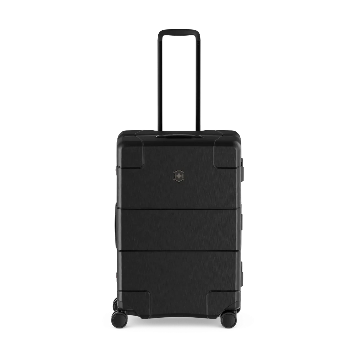 Black hardshell rolling suitcase with horizontal ridges and an extendable handle.