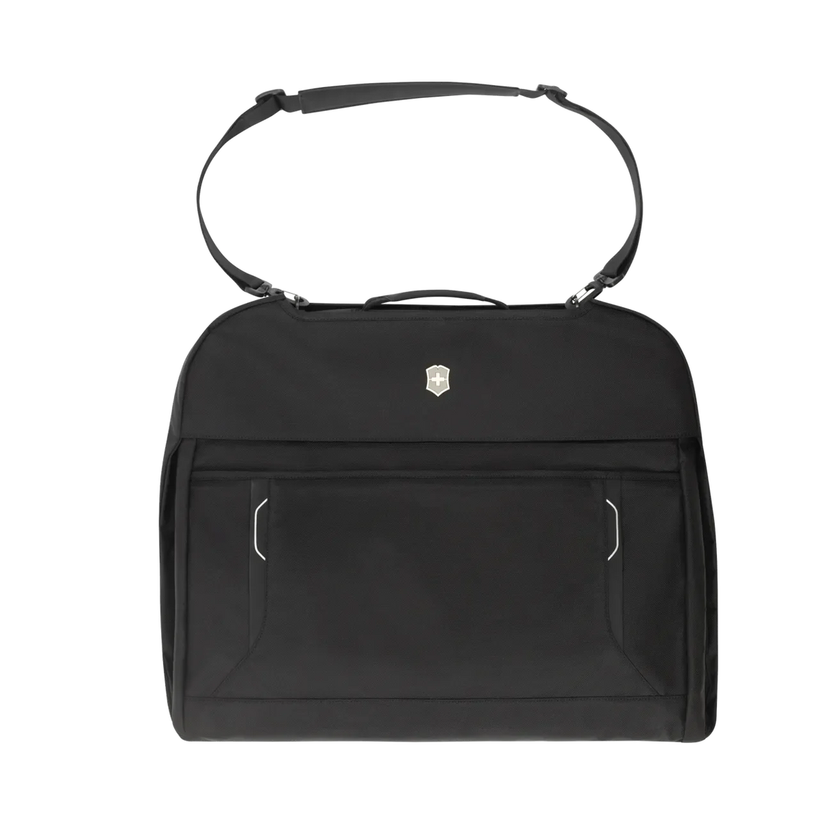 Black handbag with a top handle and front pockets.