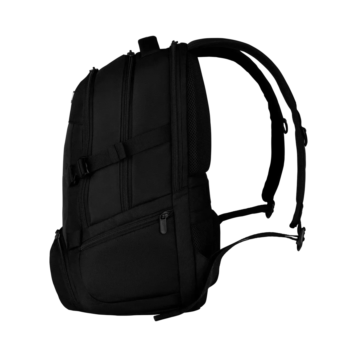 Black backpack with multiple compartments and adjustable straps.