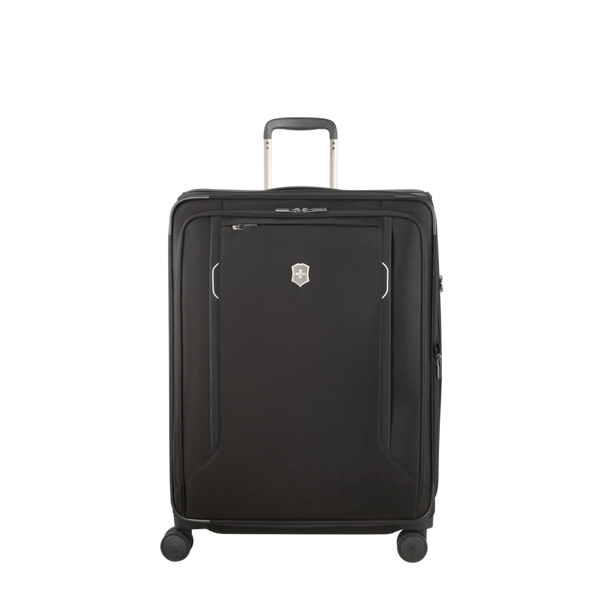 Black wheeled suitcase with a retractable handle and a logo on the front.