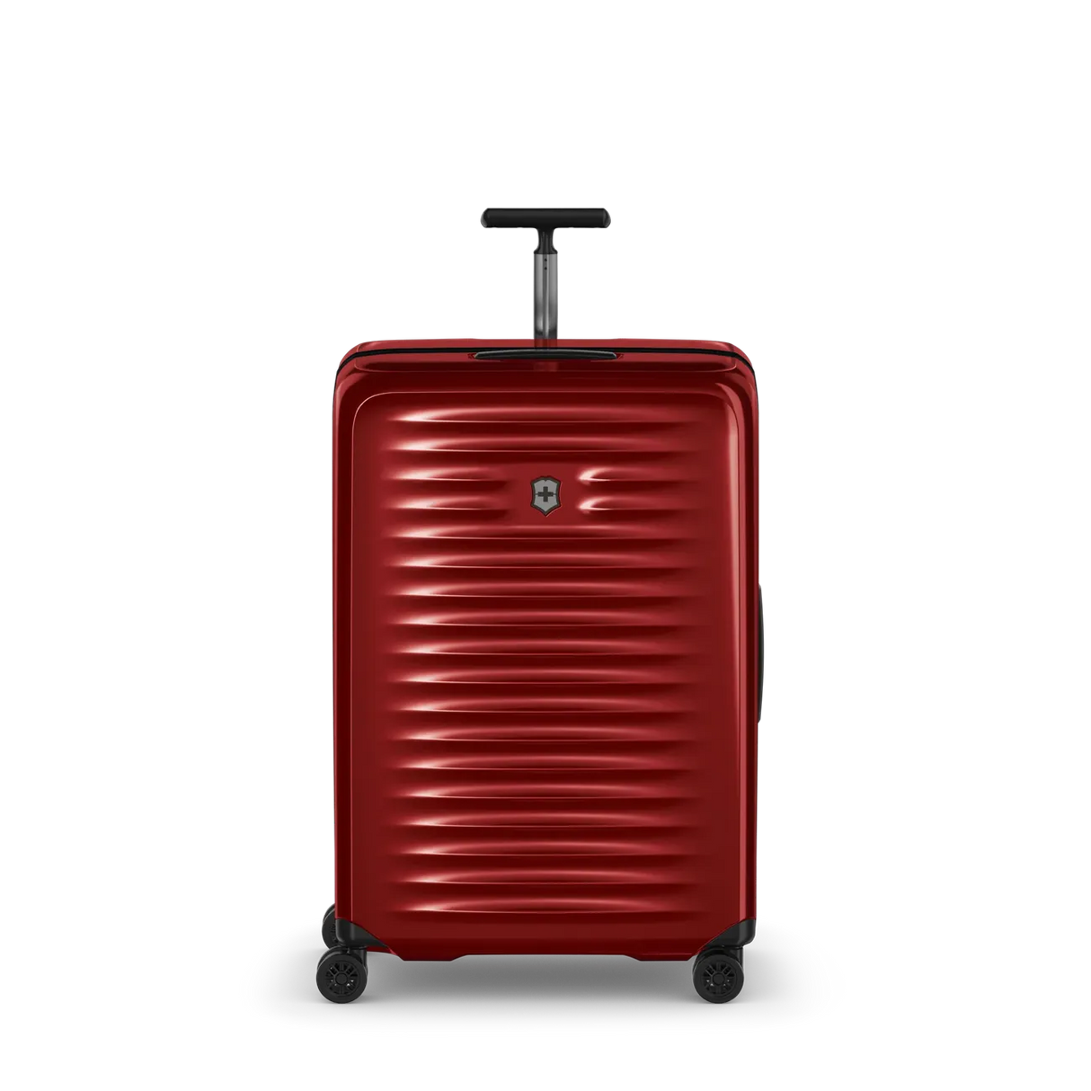 Red hardshell rolling suitcase with horizontal ridges and a retractable handle.