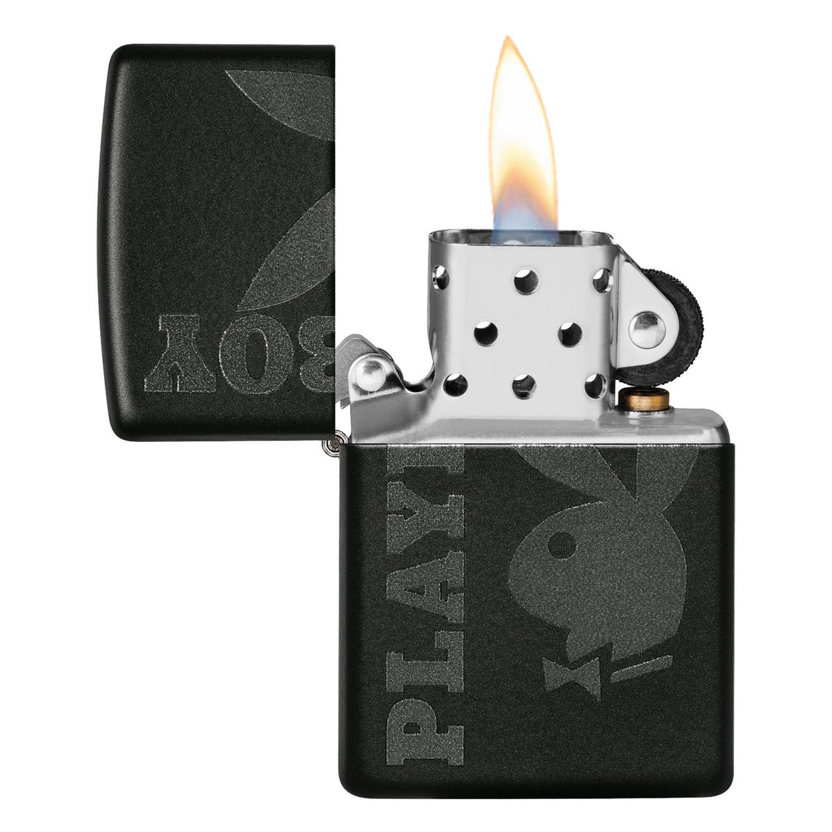 Lit Zippo-style lighter with Playboy branding on a black matte finish.
