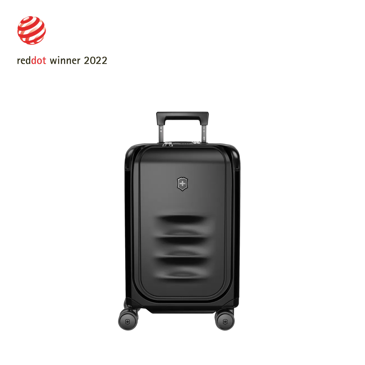 Black hardshell rolling suitcase with horizontal ridges on the front.
