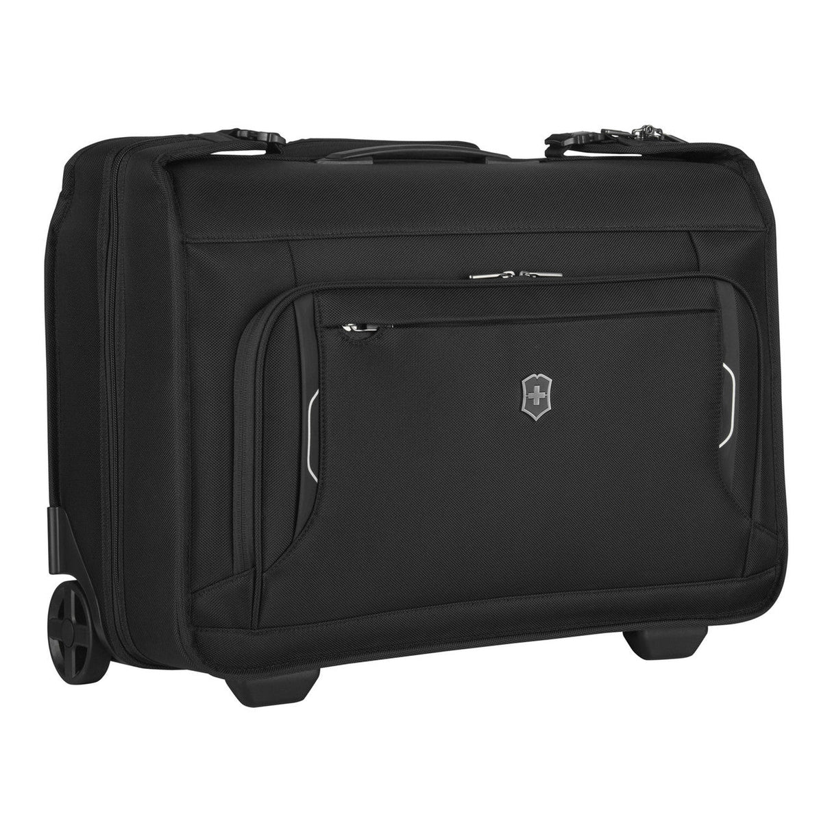 Black rolling garment bag or carry-on luggage with multiple compartments and a Victorinox logo.