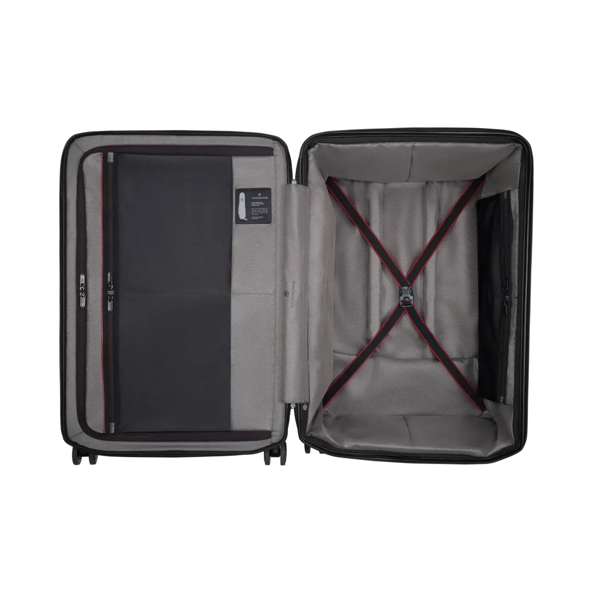 Open suitcase with interior compartments and straps visible.