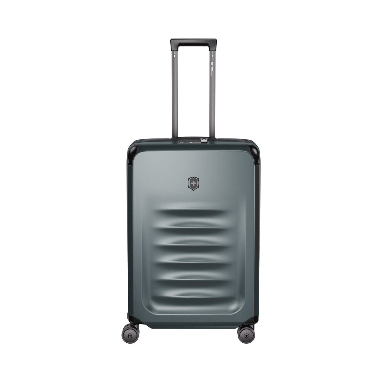 Gray hardshell rolling suitcase with horizontal ridges on the front.