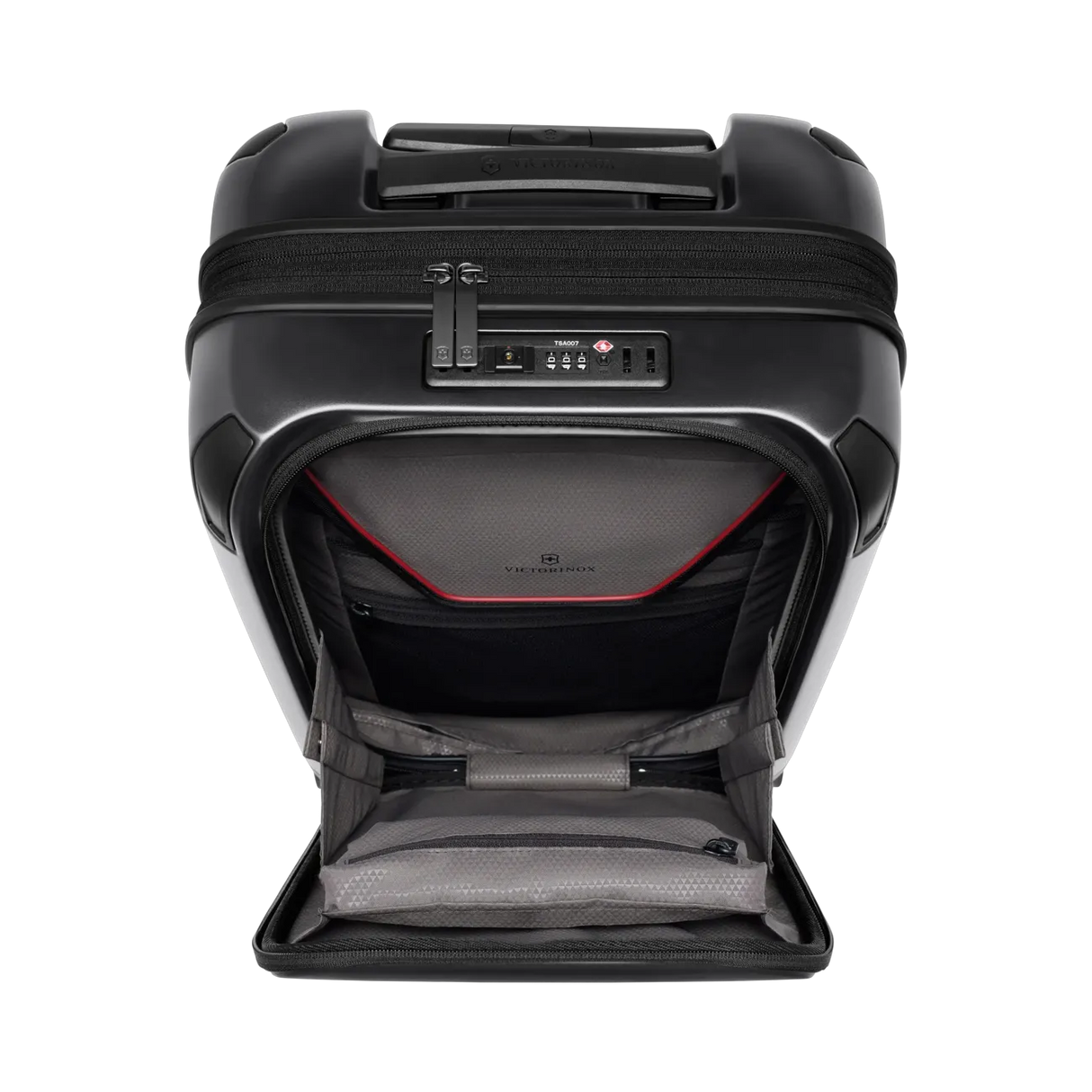 Black hardshell rolling suitcase with an open front compartment.