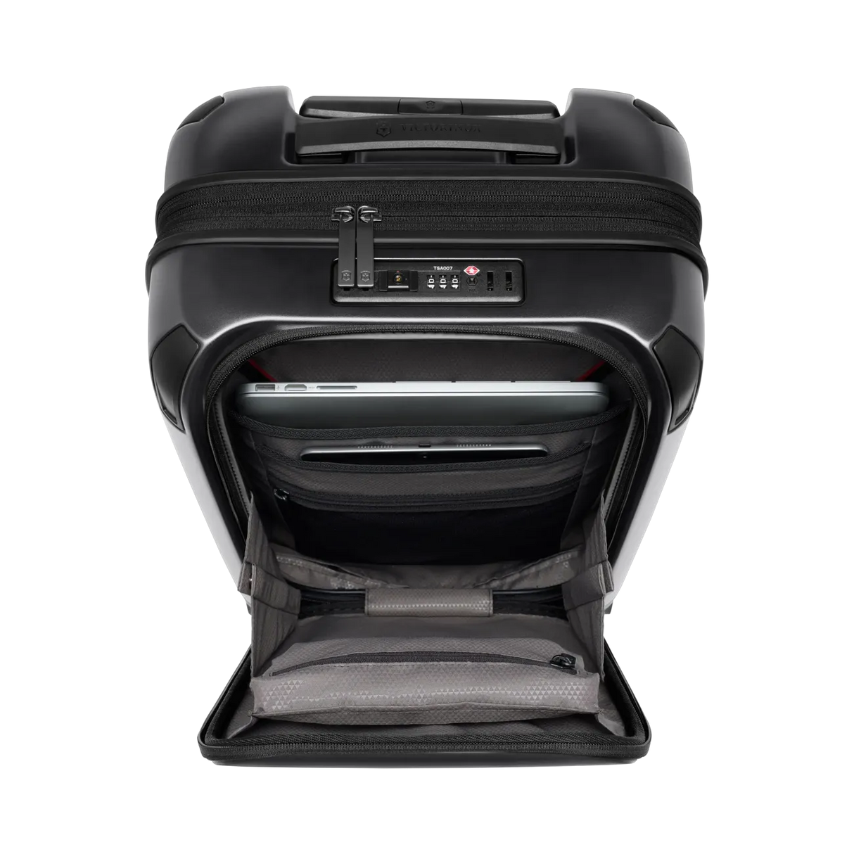 Black hardshell rolling suitcase with a front pocket compartment.