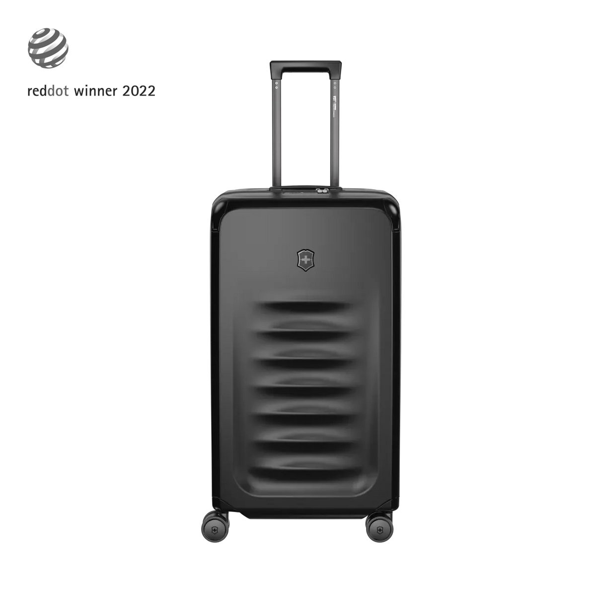 Black hardshell rolling suitcase with horizontal ridges on the front.
