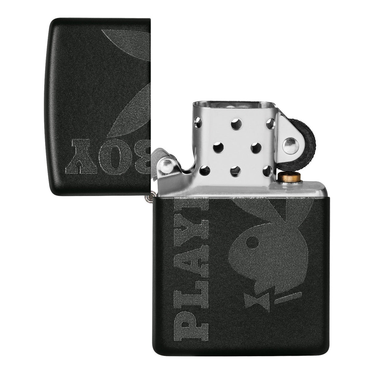 Black Zippo-style lighter with Playboy bunny logo and text.
