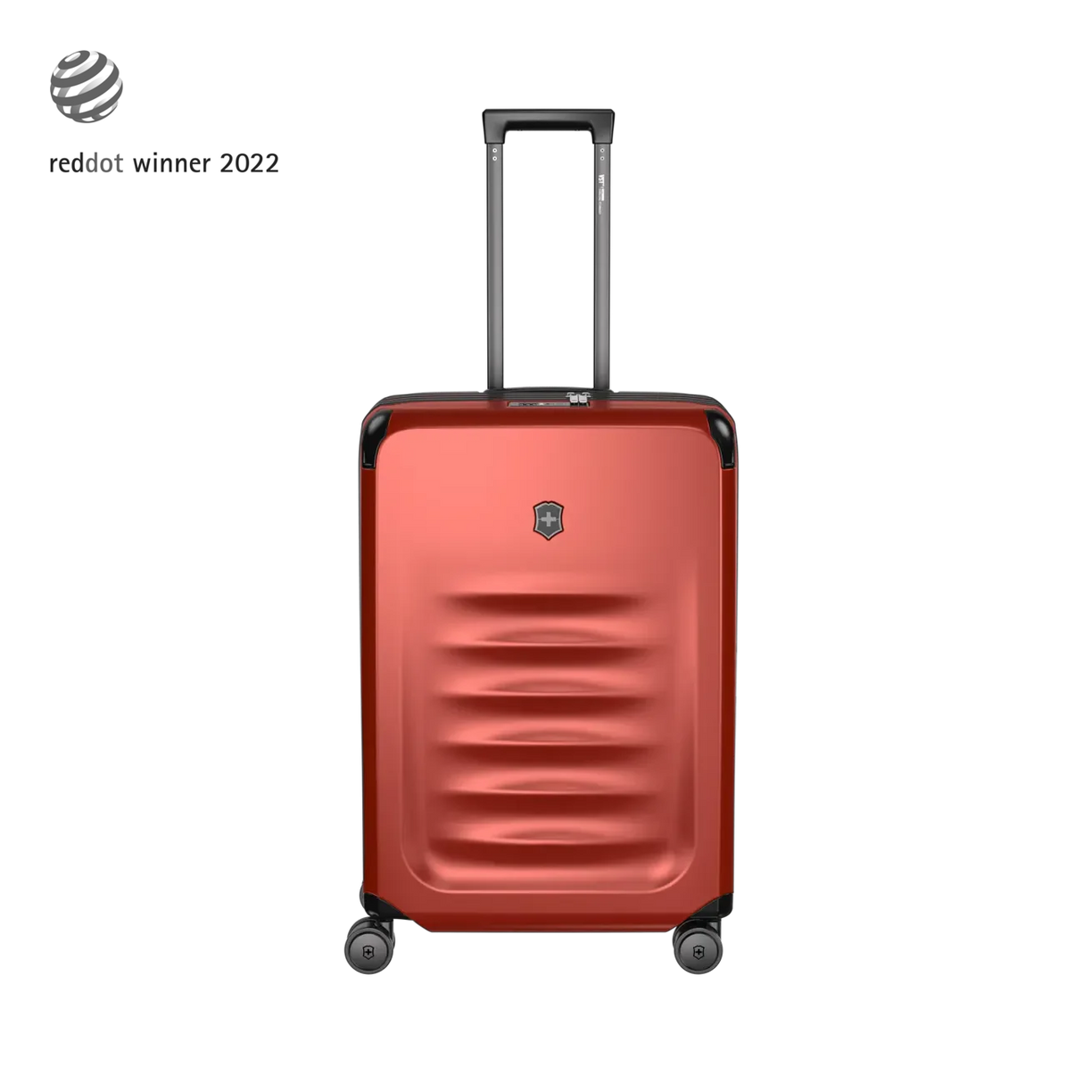 Red hardshell rolling suitcase with horizontal ridges on its front face.