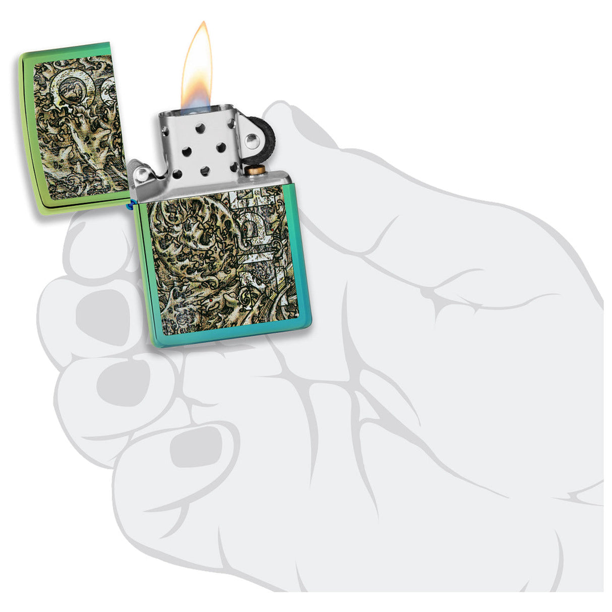 Lit zippo-style lighter with a decorative green case displaying intricate designs.
