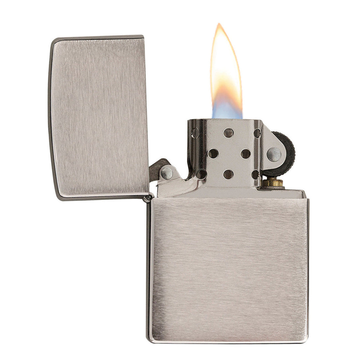 Metal flip-top lighter with a lit flame.