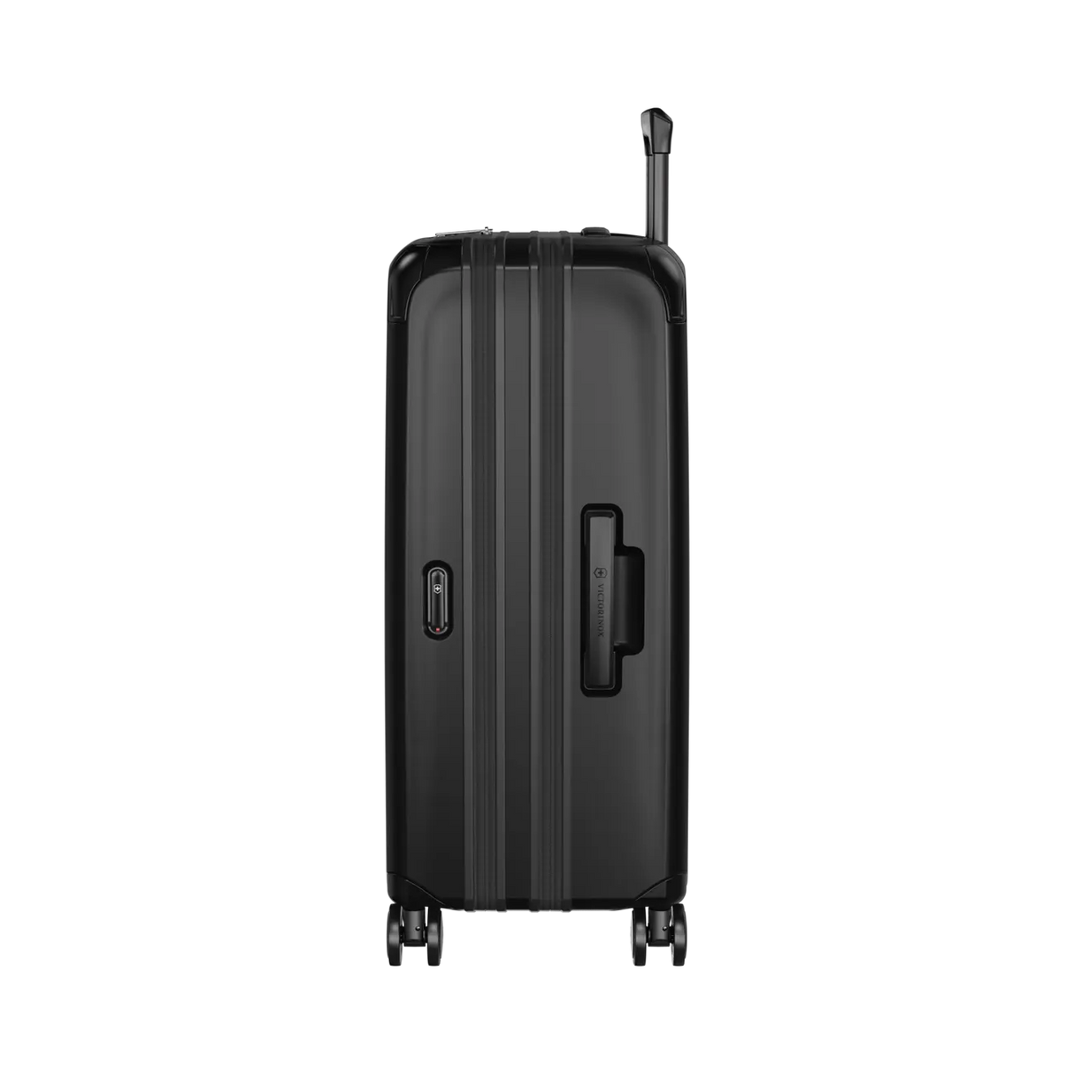 Black hardshell rolling suitcase with vertical ridges and a retractable handle.