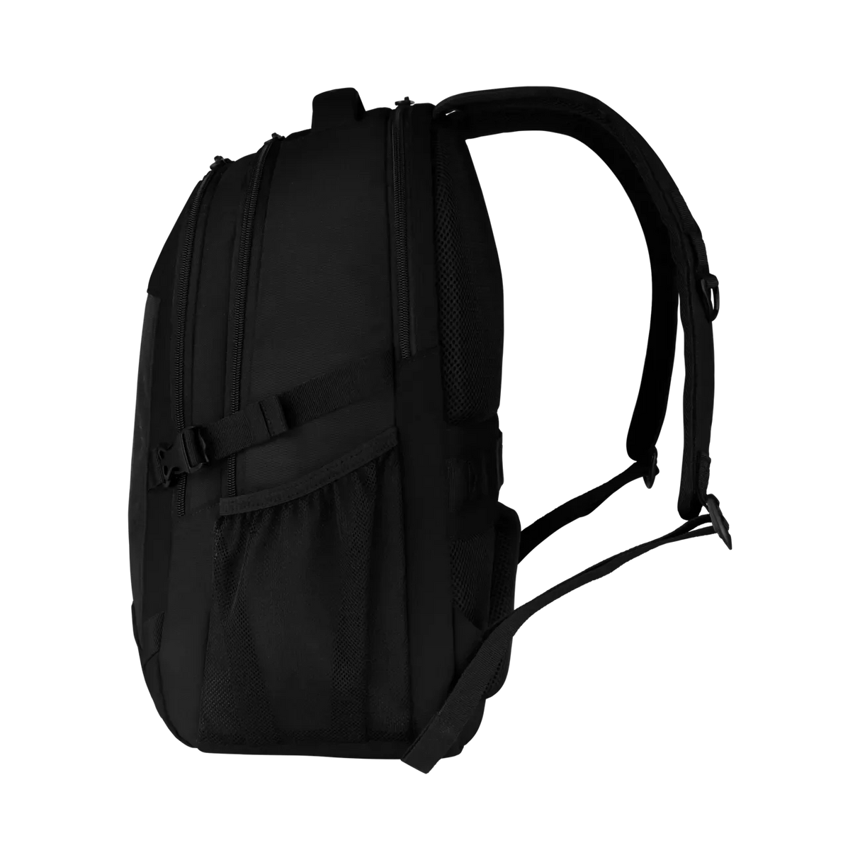Black backpack with multiple compartments and adjustable straps.