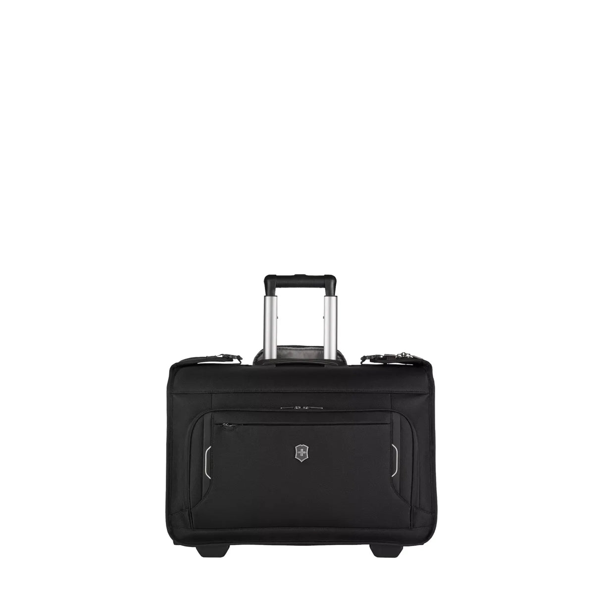 Black rolling carry-on suitcase with a retractable handle.