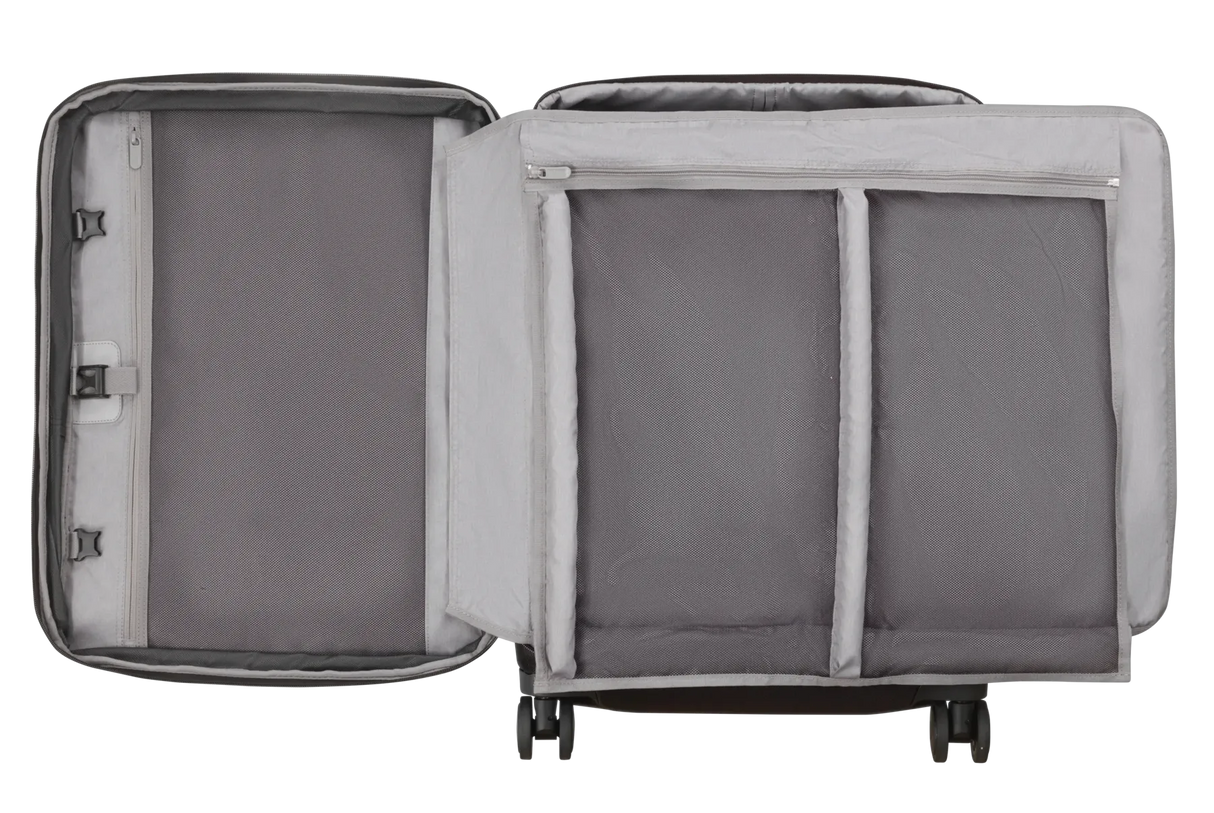 Open suitcase with compartments and wheels.
