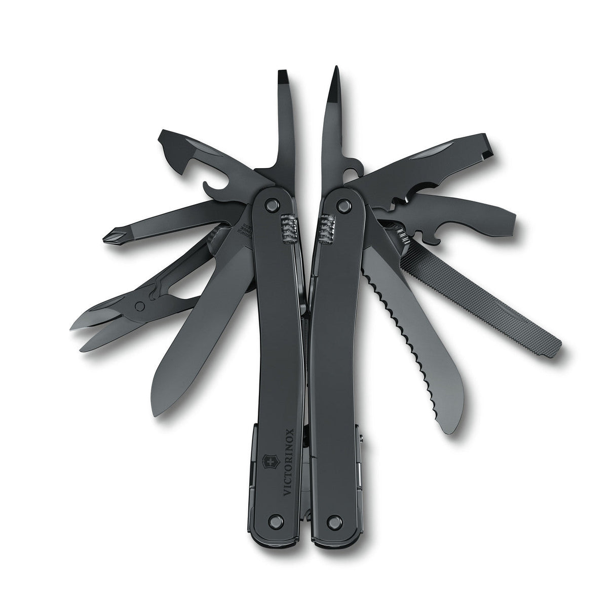 Multi-tool with pliers and various folding implements in a dark gray or black finish.