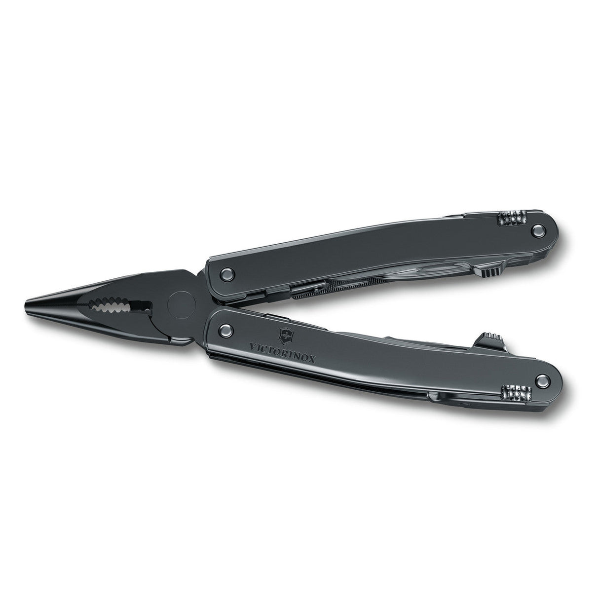 Multi-tool pliers with folding handles and a black finish.