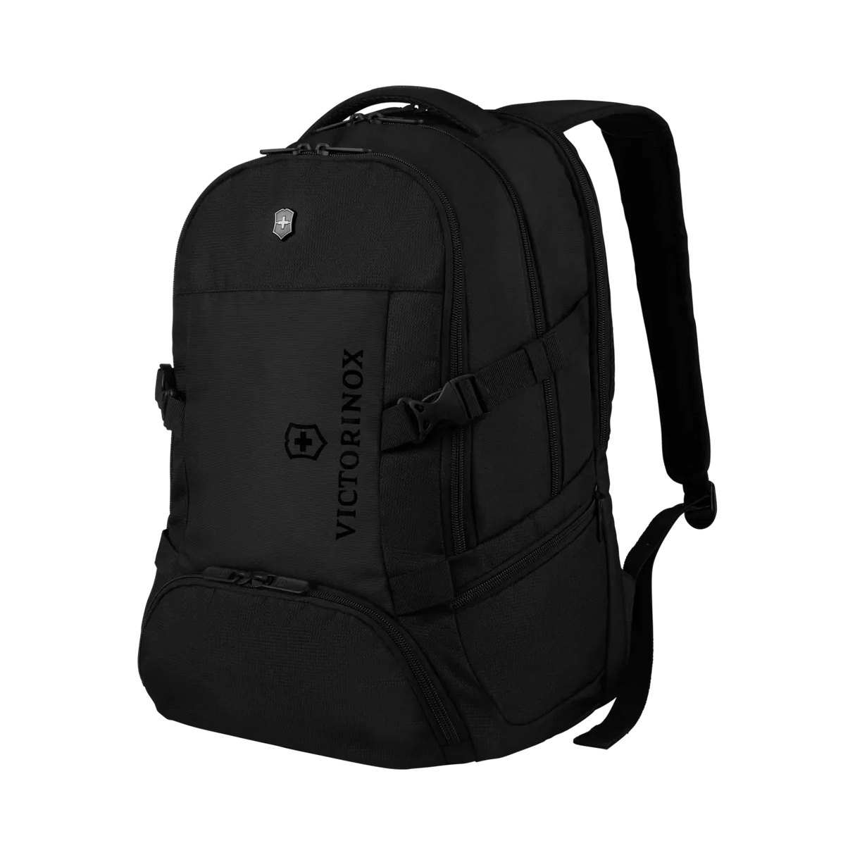 Black backpack with multiple compartments and straps.