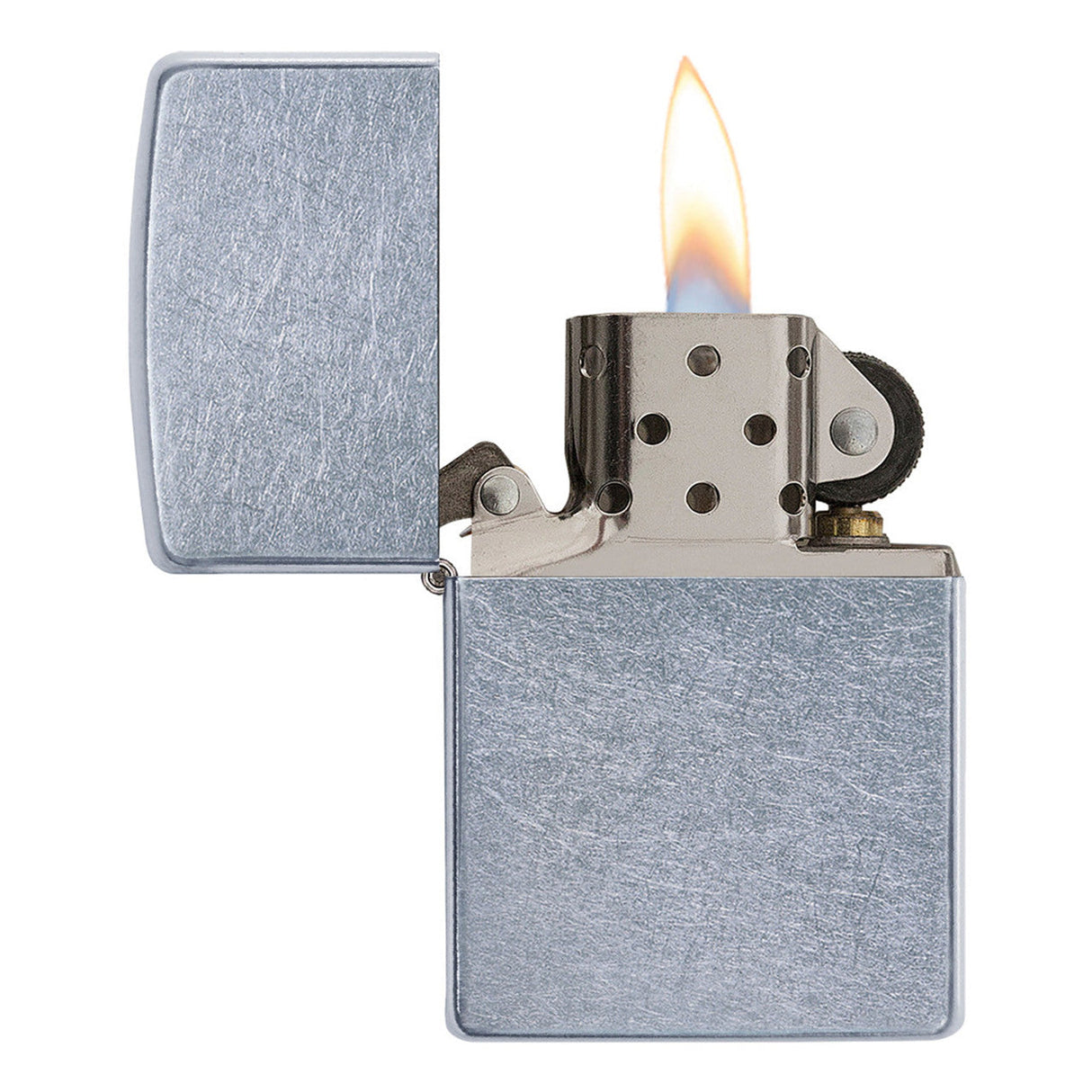 Metal zippo-style lighter with a lit flame.