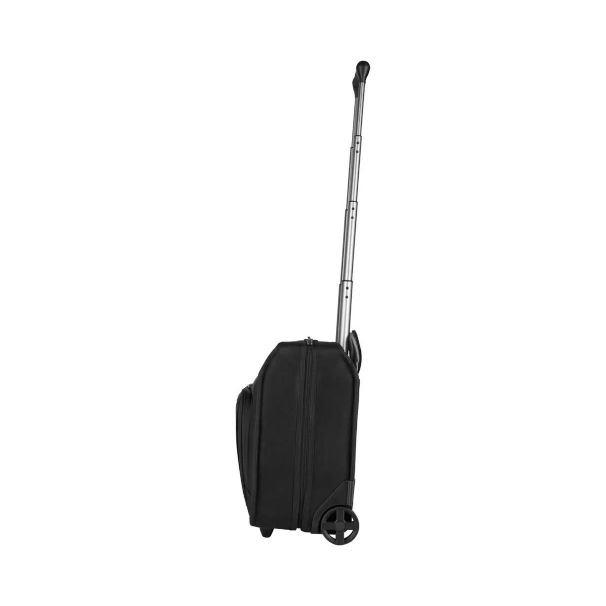 Black wheeled suitcase with an extendable handle.