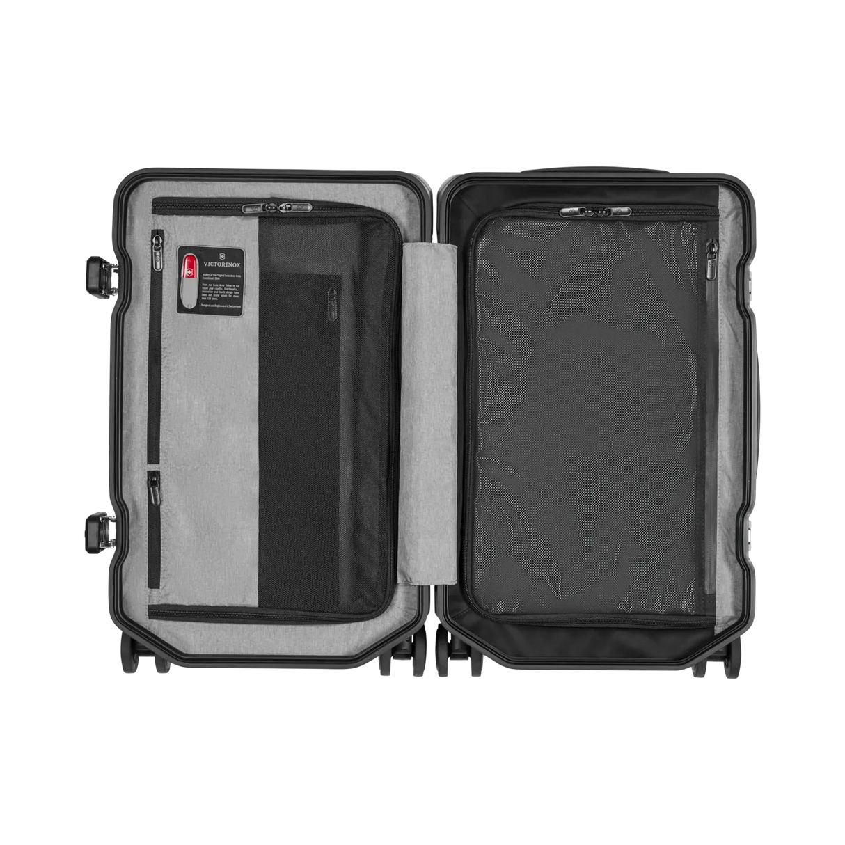 Open hard-shell suitcase with compartments and packing sections visible.