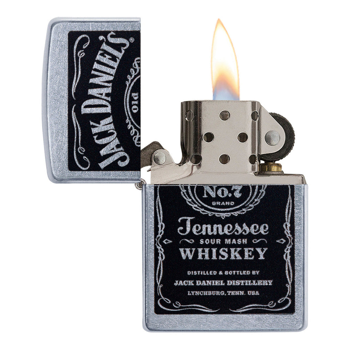 Jack Daniel’s Tennessee Whiskey branded metal lighter with an open flame.