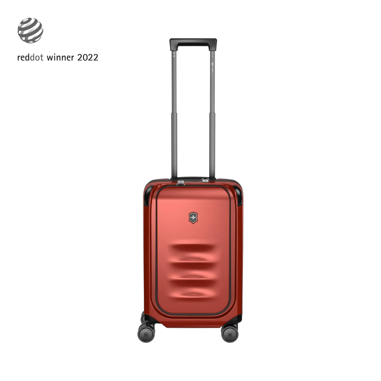 Red hardshell carry-on suitcase with a telescoping handle and wheels.