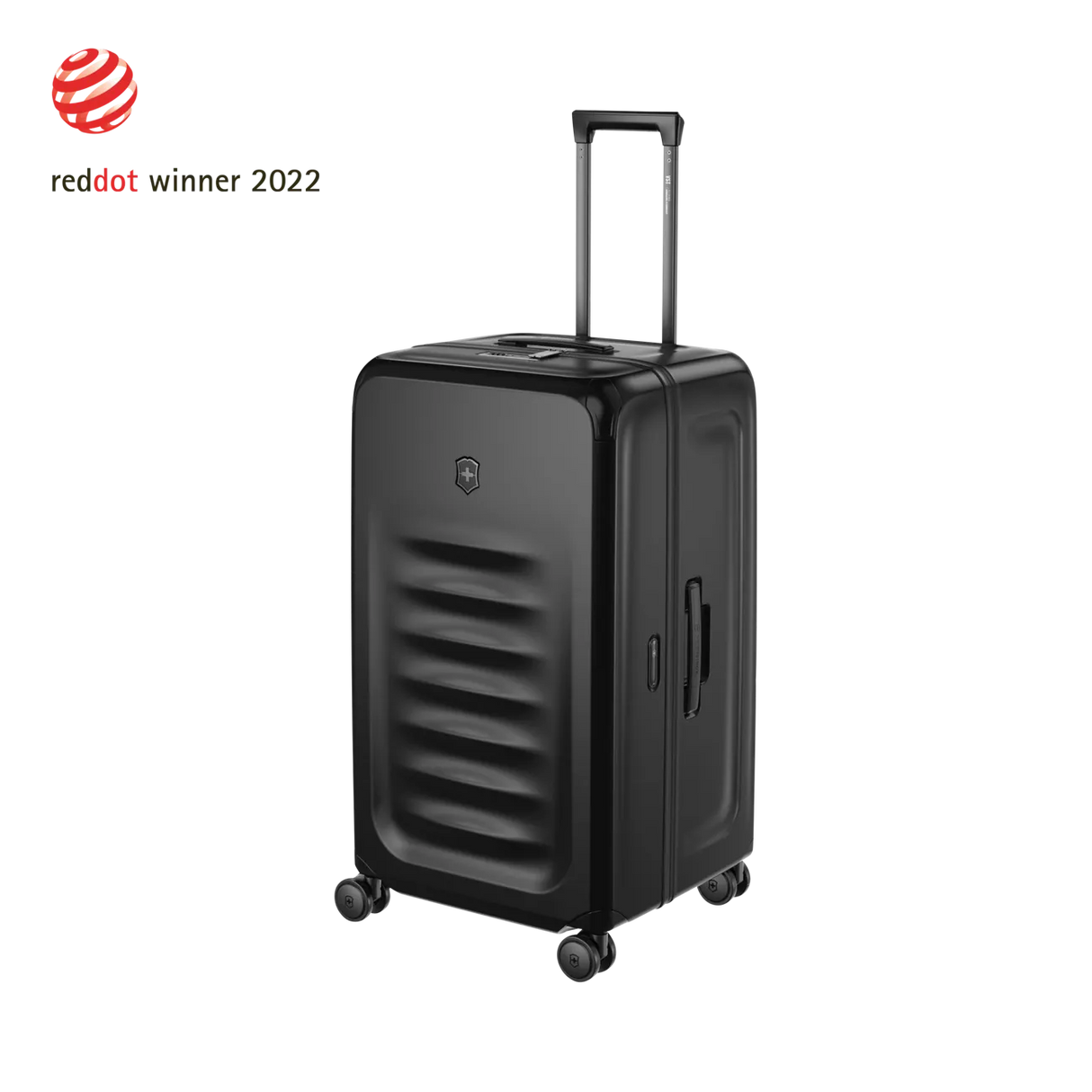 Black hardshell rolling suitcase with horizontal ridges on the front.