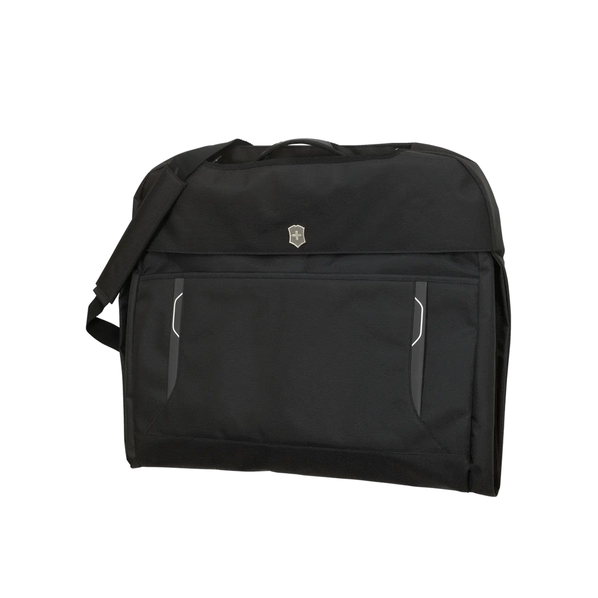 Black garment bag with a handle and front pockets.