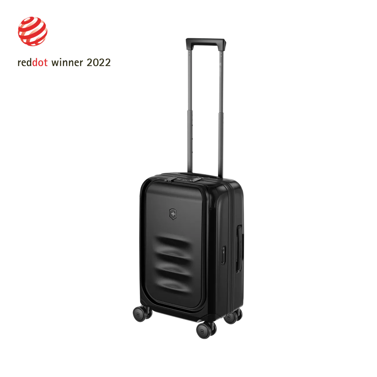 Black hardshell carry-on suitcase with a retractable handle and wheels.